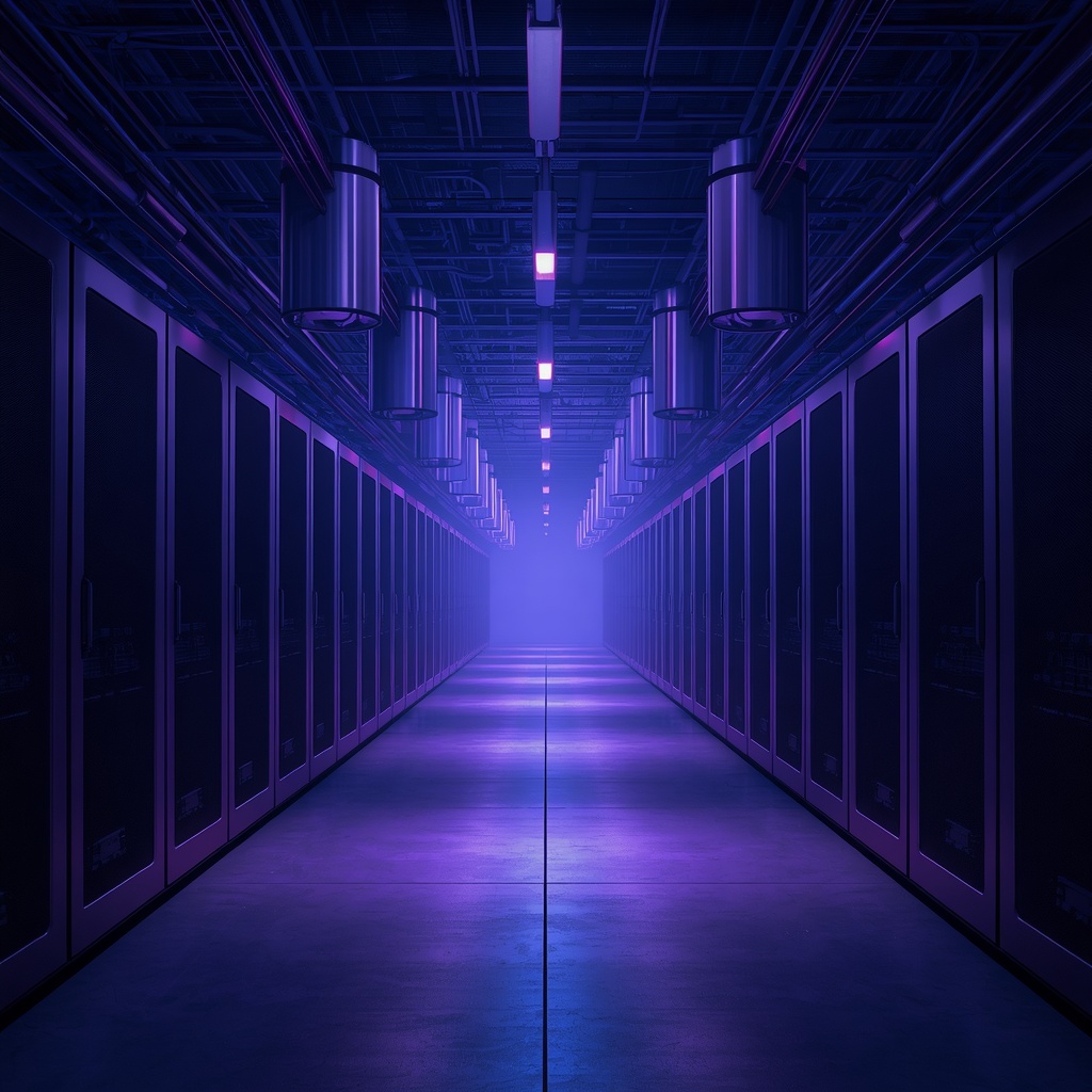 A dramatic wide-angle shot of a quantum computing data center with towering cylindrical dilution refrigerators hanging from the ceiling, deep blue and purple ambient lighting, dense cable infrastructure, polished concrete floors, futuristic and mysterious atmosphere, 8k photorealistic rendering, no people, no text, no women